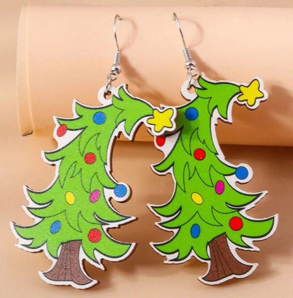 Bendy Christmas Tree Festive Design Thin Wood Dangle Earrings