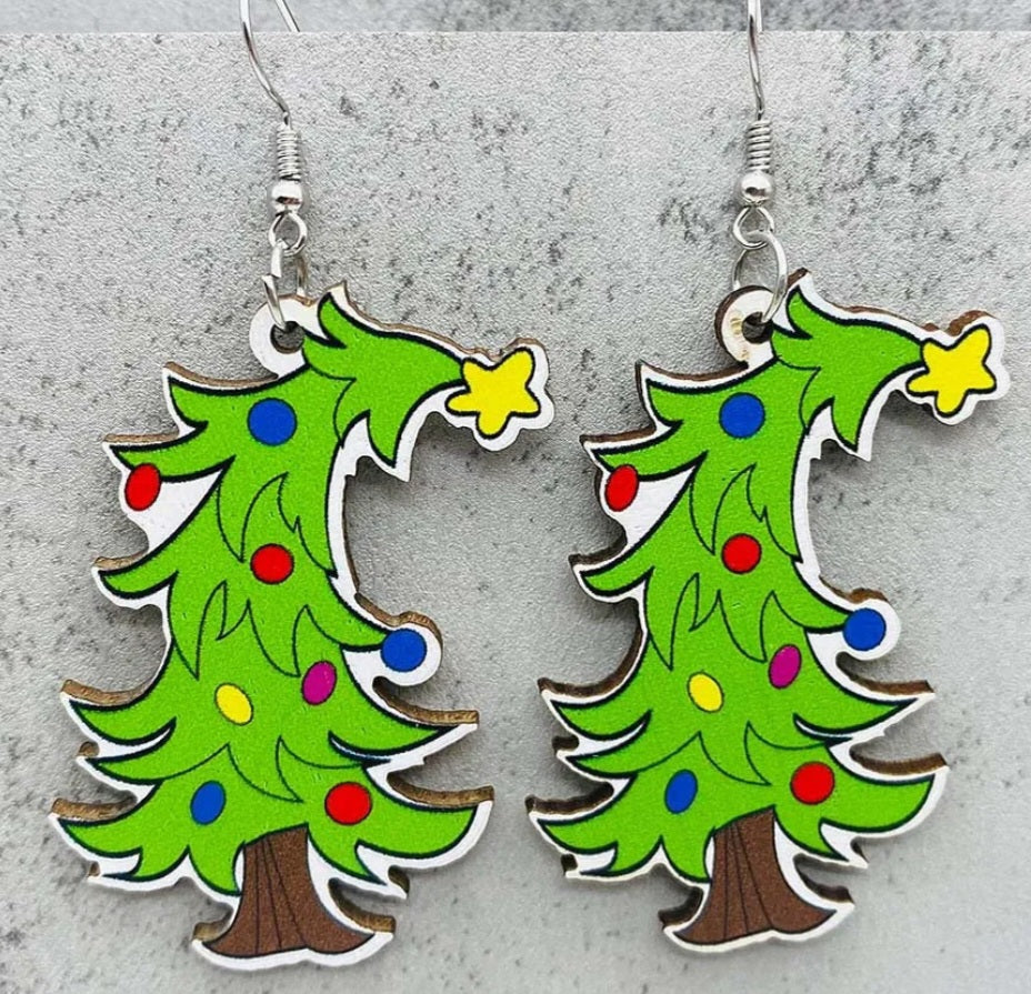 Bendy Christmas Tree Festive Design Thin Wood Dangle Earrings