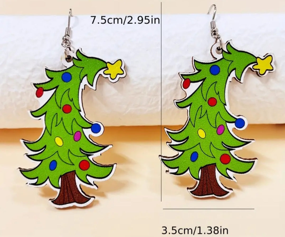 Bendy Christmas Tree Festive Design Thin Wood Dangle Earrings