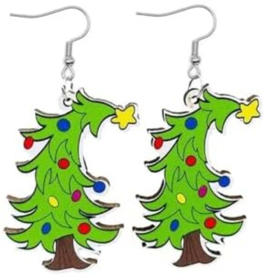 Bendy Christmas Tree Festive Design Thin Wood Dangle Earrings