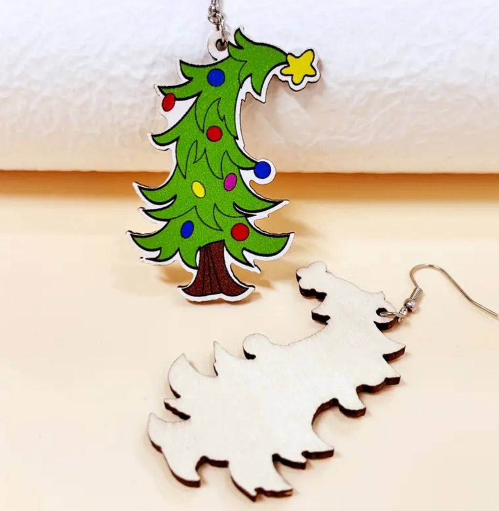 Bendy Christmas Tree Festive Design Thin Wood Dangle Earrings