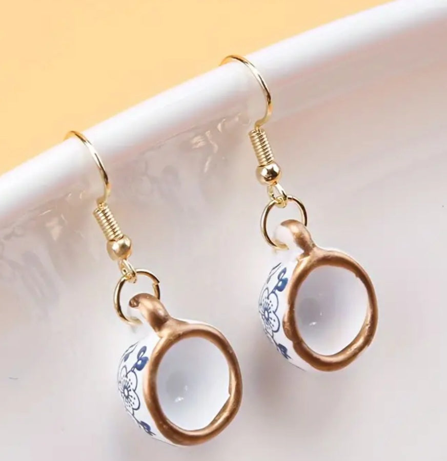 Classic Froral Tea Cup Design Dangle Earrings