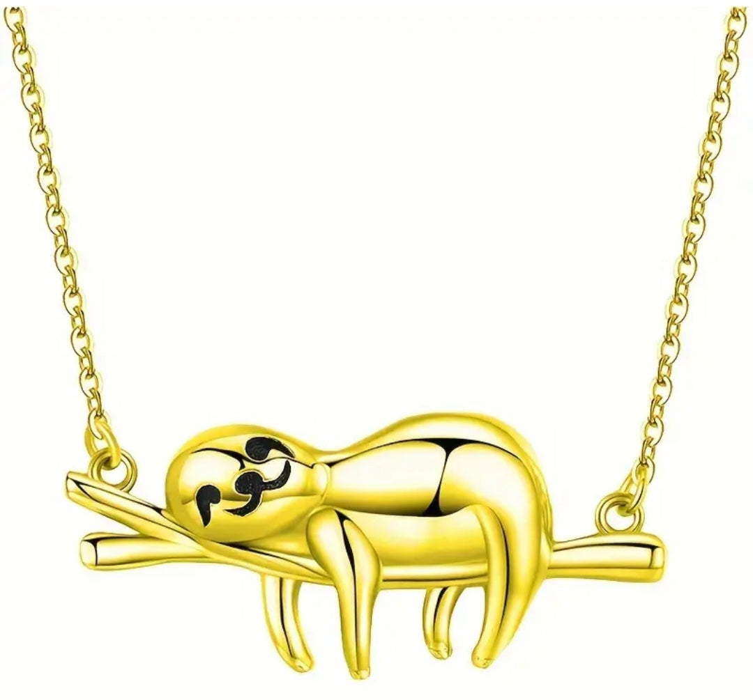 Dainty Laying Sloth On Branch Gold Plated Necklace