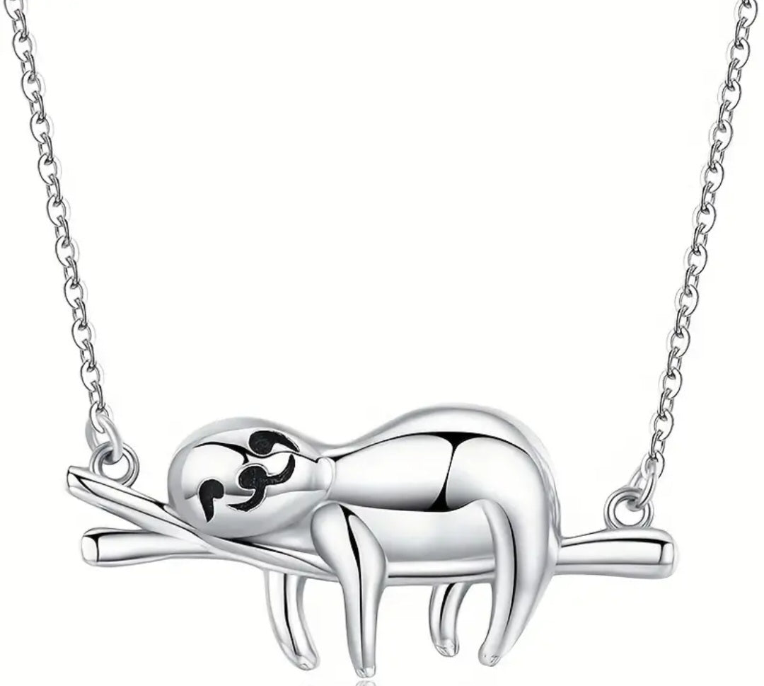 Dainty Laying Sloth On Branch Silver Plated Necklace