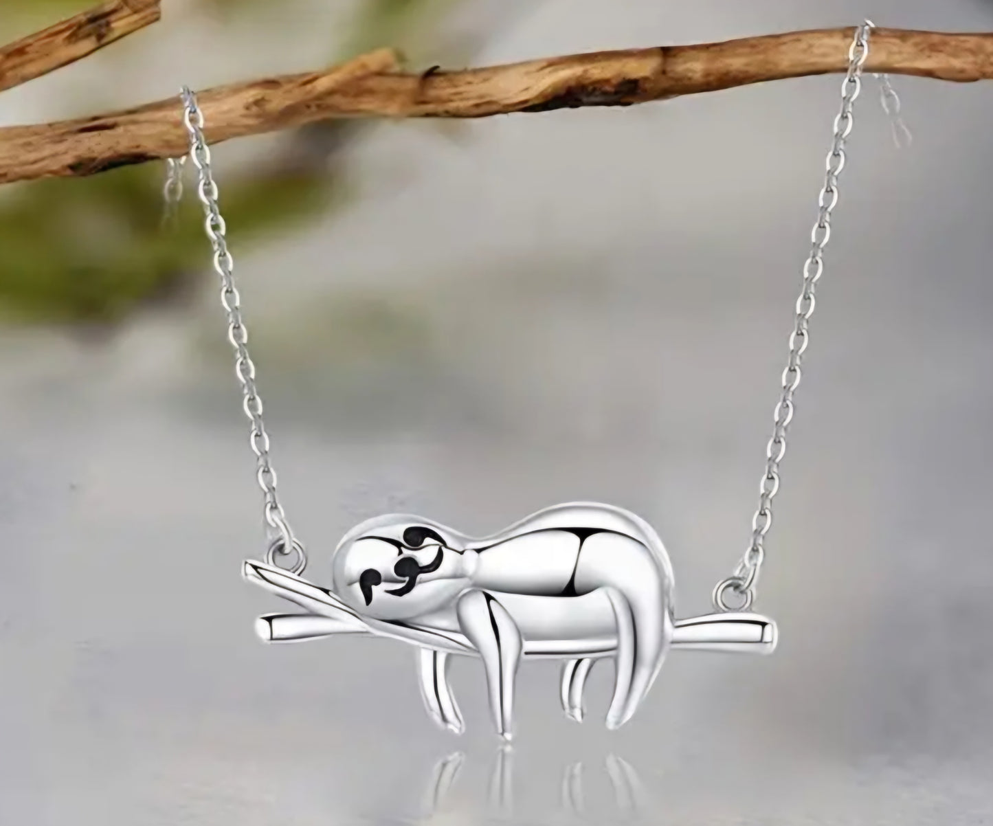 Dainty Laying Sloth On Branch Silver Plated Necklace