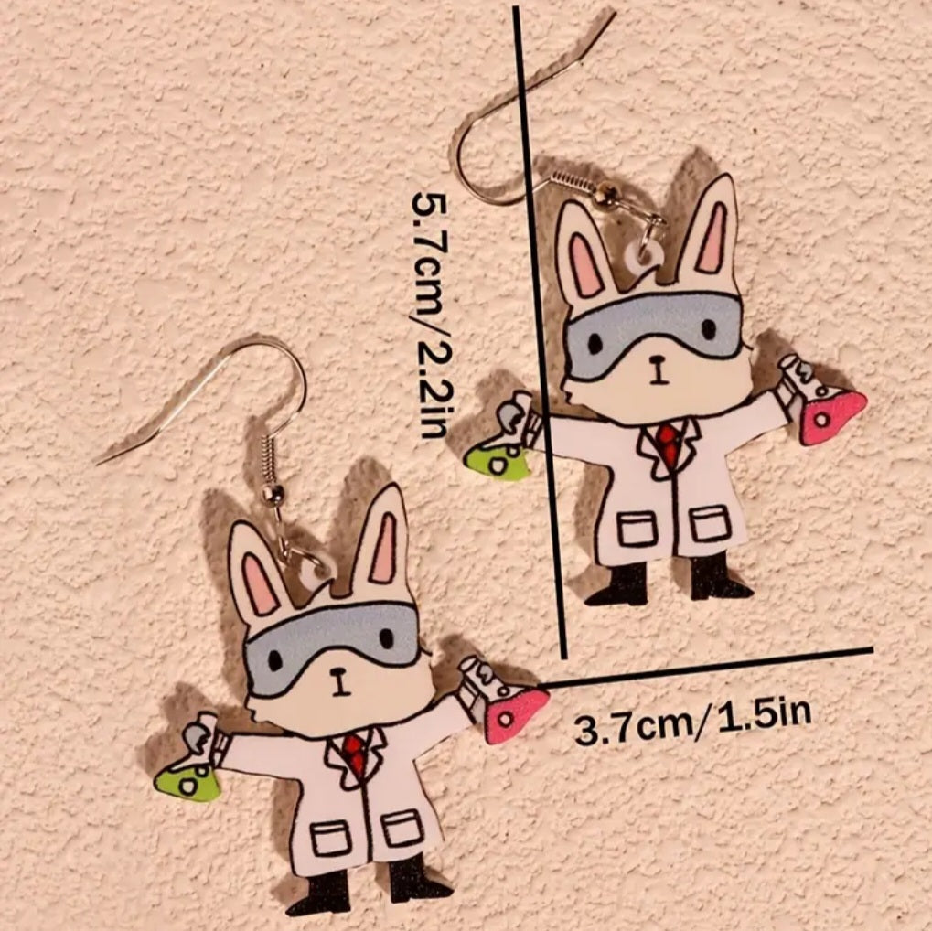 Cartoon Halloween Professor Scientist Laboratory Rabbit Bunny Acrylic Dangle Earrings