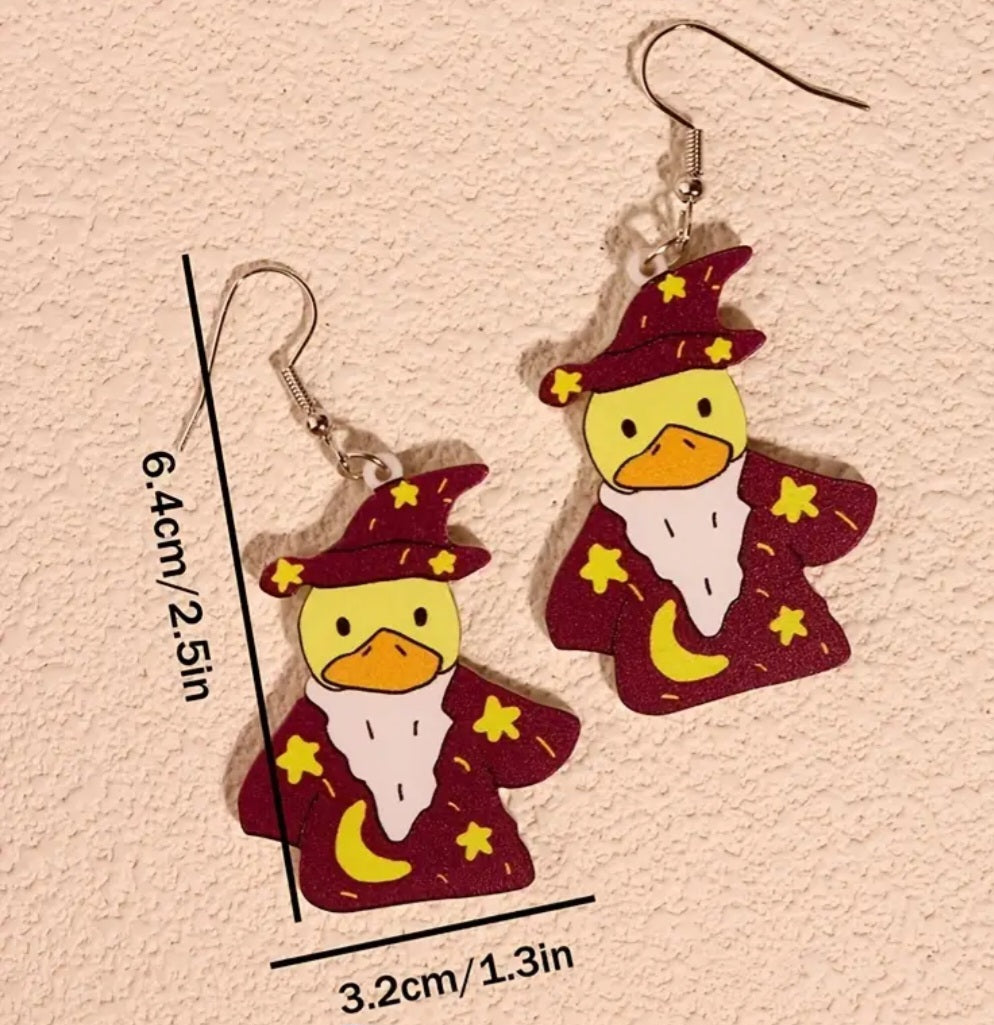 Cartoon Halloween Magician Wizard Duck Acrylic Dangle Earrings