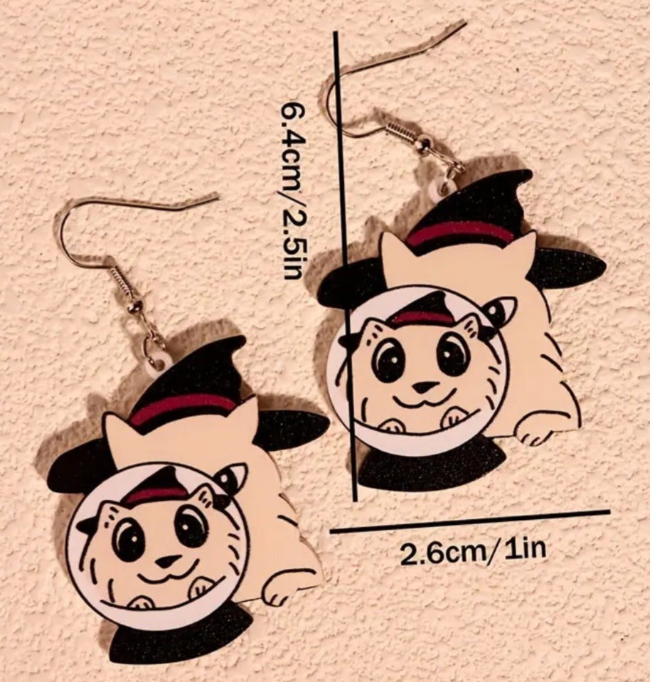 Cartoon Halloween Fortune Teller Psychic Crystal Ball Cat Kitten Acrylic Dangle Earrings