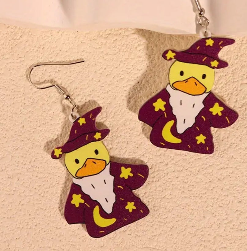 Cartoon Halloween Magician Wizard Duck Acrylic Dangle Earrings