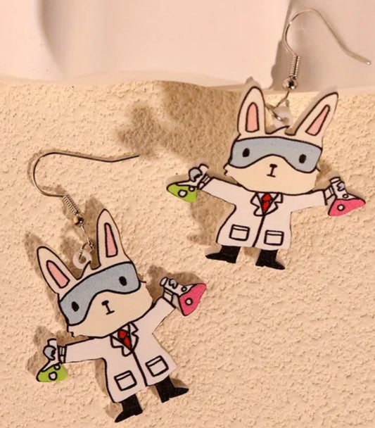 Cartoon Halloween Professor Scientist Laboratory Rabbit Bunny Acrylic Dangle Earrings