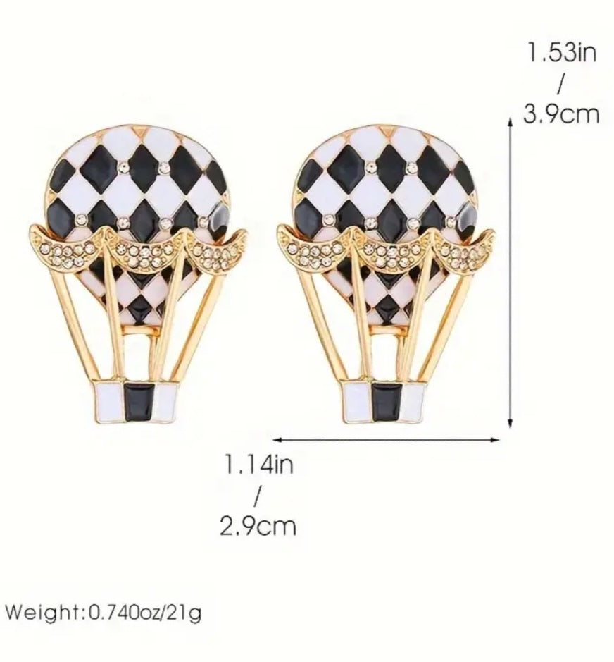 Black White Check Enamel Rhinestone Set Hot Air Balloon Large Gold Plated Stud Earrings