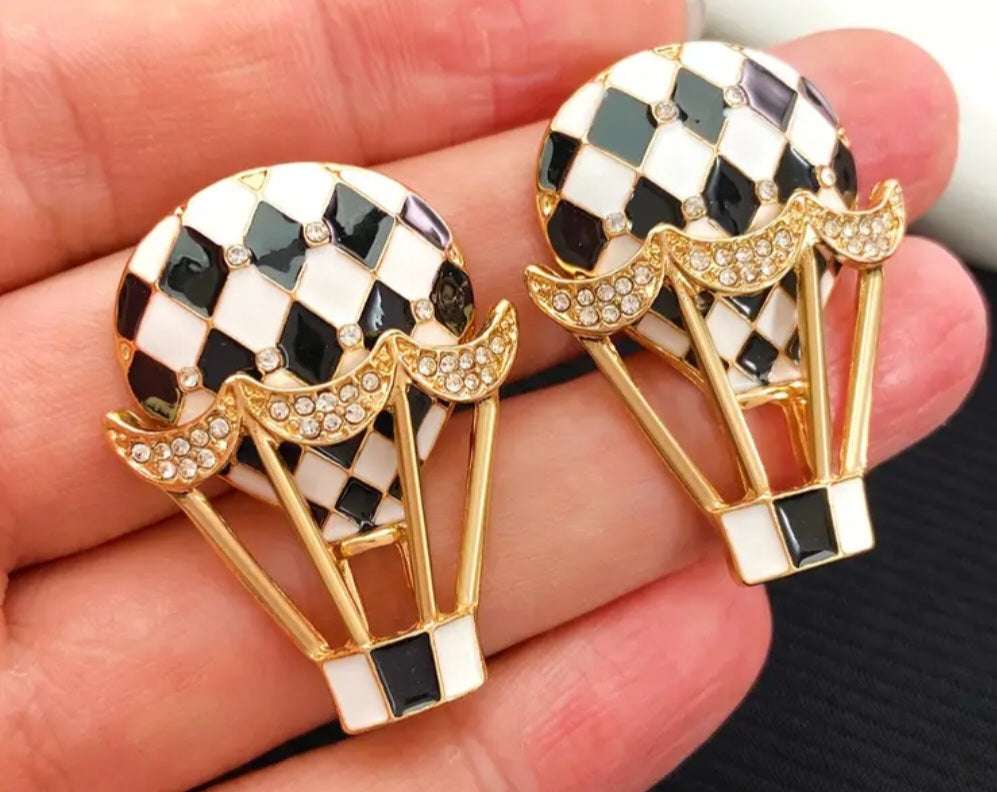 Black White Check Enamel Rhinestone Set Hot Air Balloon Large Gold Plated Stud Earrings