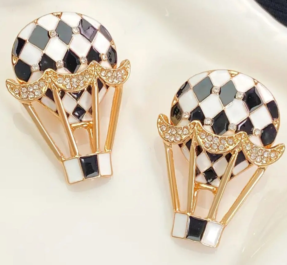 Black White Check Enamel Rhinestone Set Hot Air Balloon Large Gold Plated Stud Earrings