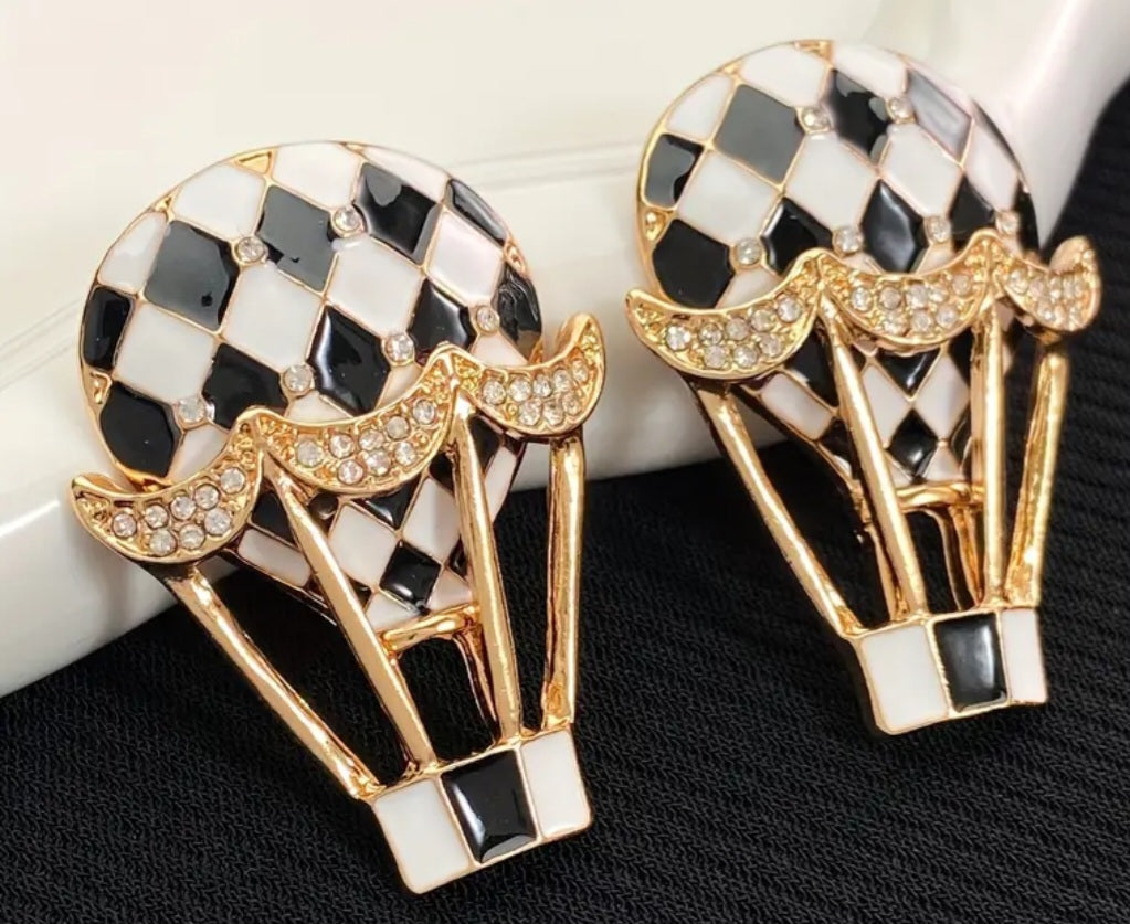 Black White Check Enamel Rhinestone Set Hot Air Balloon Large Gold Plated Stud Earrings