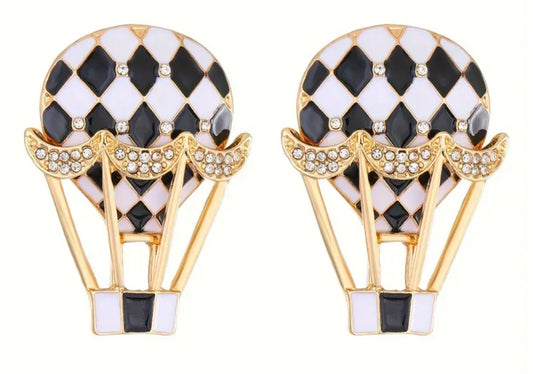 Black White Check Enamel Rhinestone Set Hot Air Balloon Large Gold Plated Stud Earrings