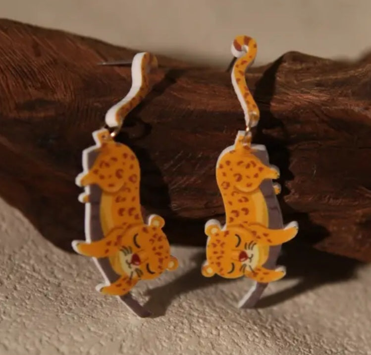 Acrylic Cute Cartoon Sleeping Leopard Design Drop Dangle Earrings