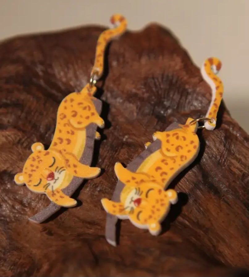 Acrylic Cute Cartoon Sleeping Leopard Design Drop Dangle Earrings