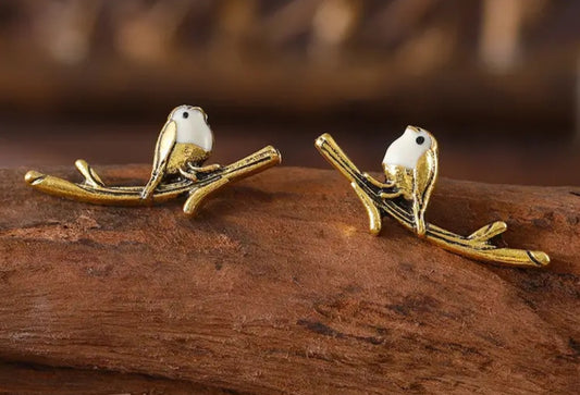 Sweet Little Painted Enamel Gold Plated Bird On Branch Stud Earrings