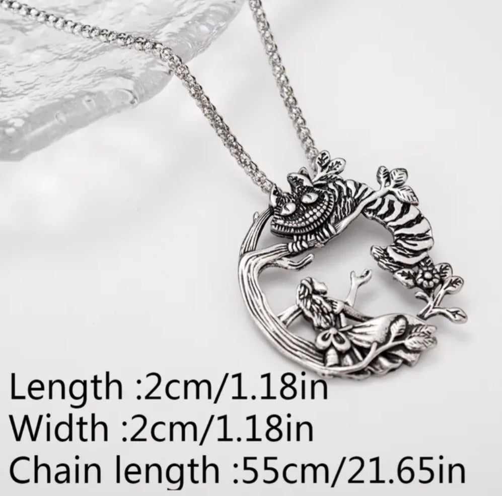 Alice In Wonderland Inspired Cheshire Cat Retro Silver Plated Antique Look Necklace