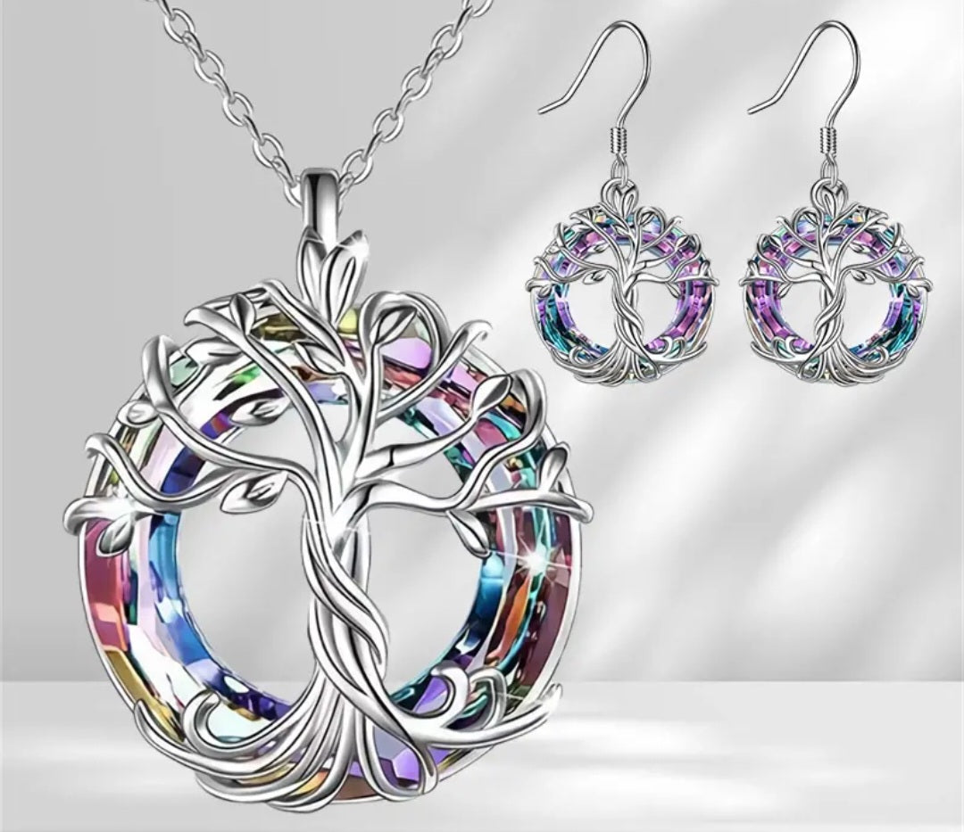 Dainty Small Colourful Tree Of Life Design Silver Plated Necklace And Earrings Set