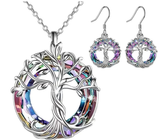 Dainty Small Colourful Tree Of Life Design Silver Plated Necklace And Earrings Set