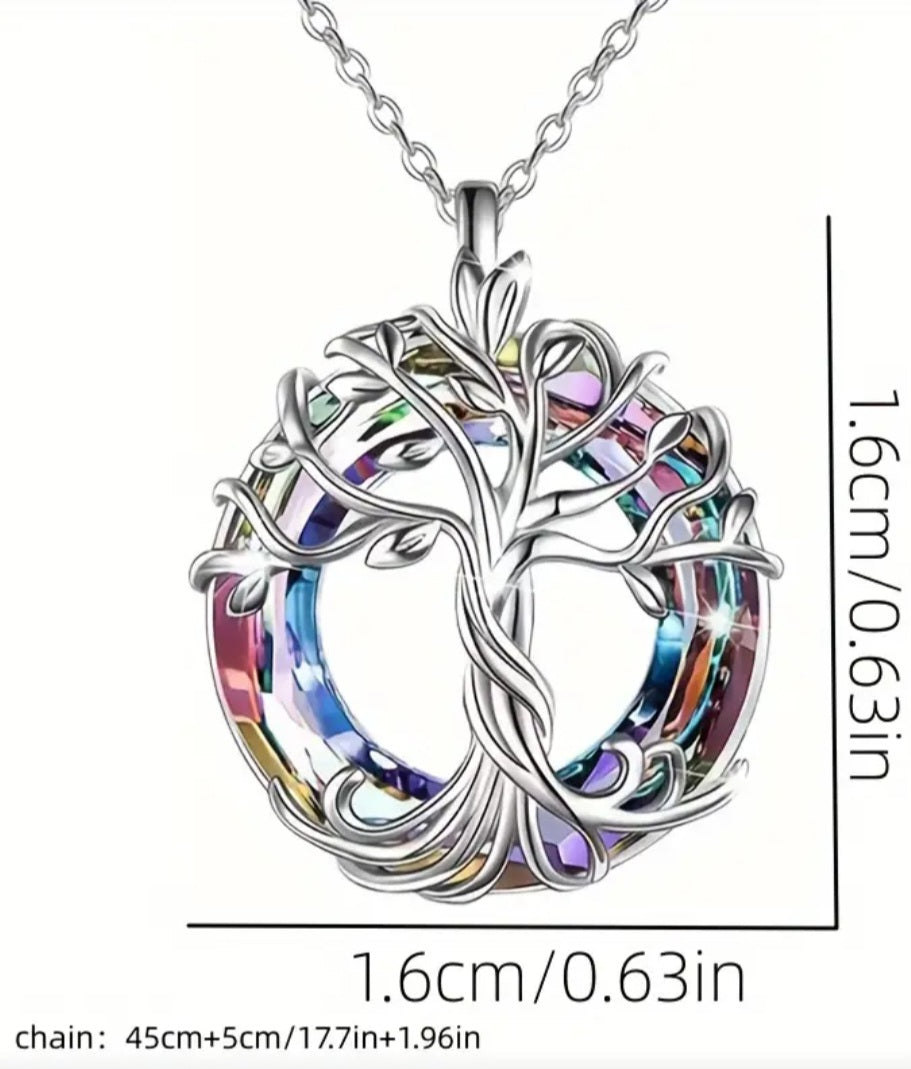 Dainty Small Colourful Tree Of Life Design Silver Plated Necklace And Earrings Set