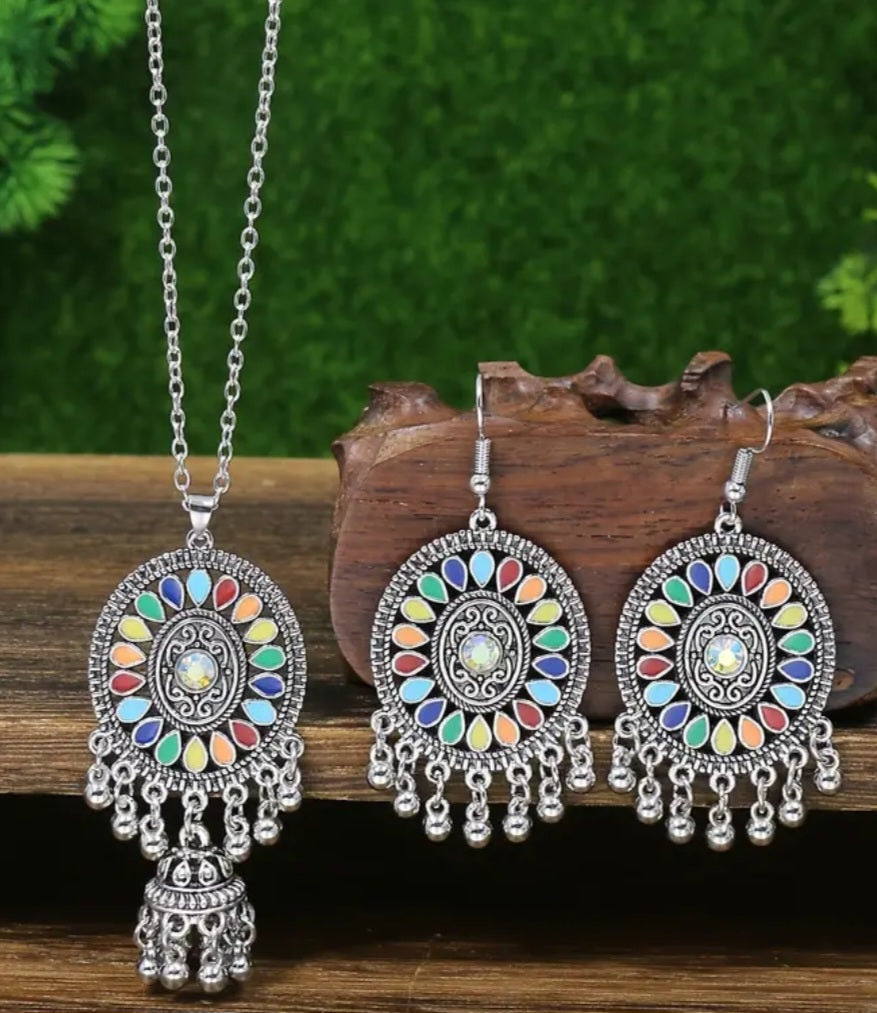 Boho Colourful Silver Plated Dream Catcher Design Necklace And Earring Set