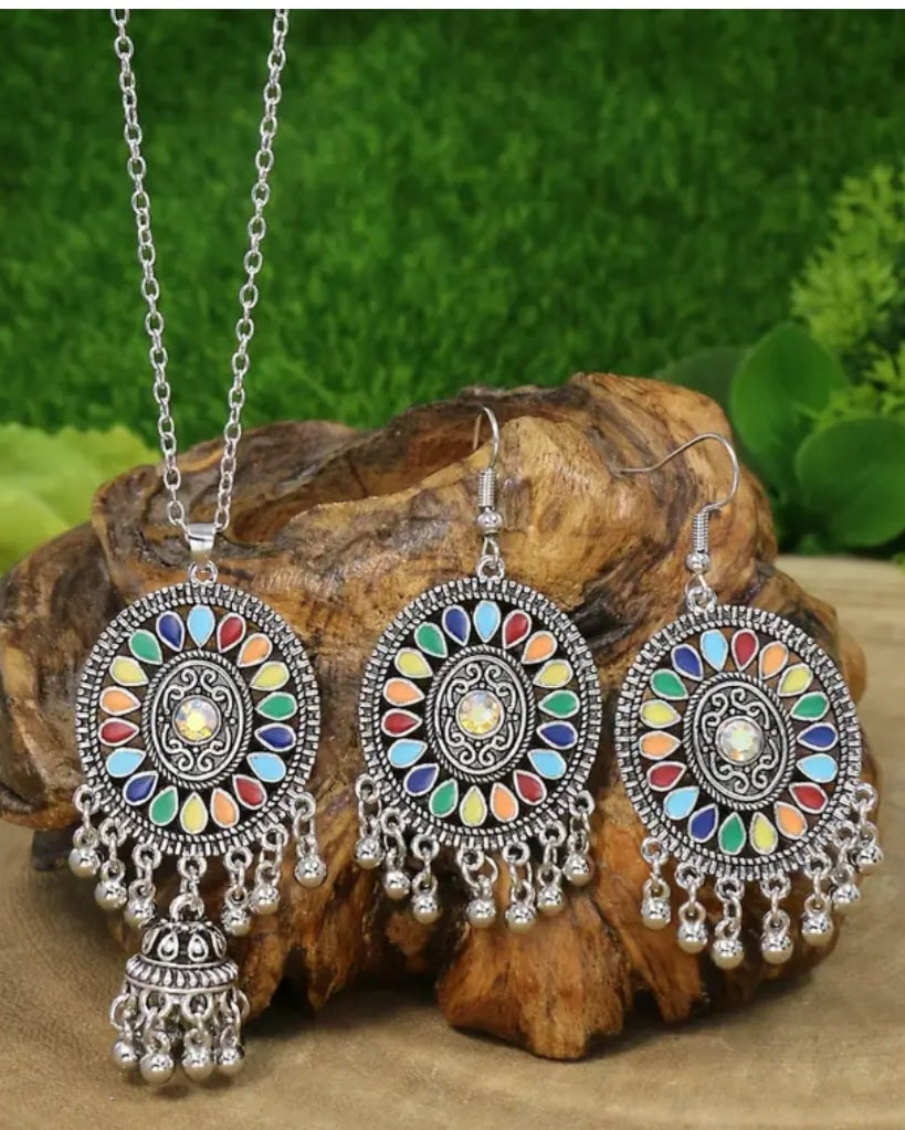 Boho Colourful Silver Plated Dream Catcher Design Necklace And Earring Set