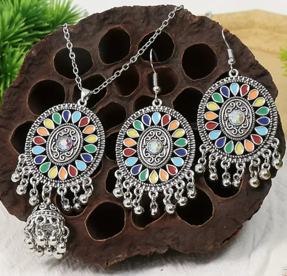 Boho Colourful Silver Plated Dream Catcher Design Necklace And Earring Set