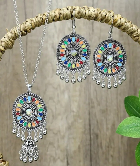 Boho Colourful Silver Plated Dream Catcher Design Necklace And Earring Set