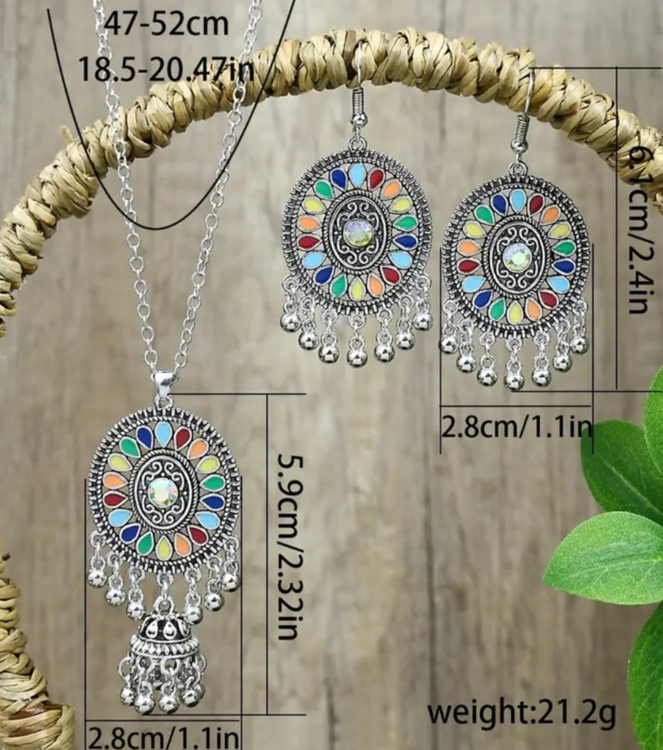 Boho Colourful Silver Plated Dream Catcher Design Necklace And Earring Set