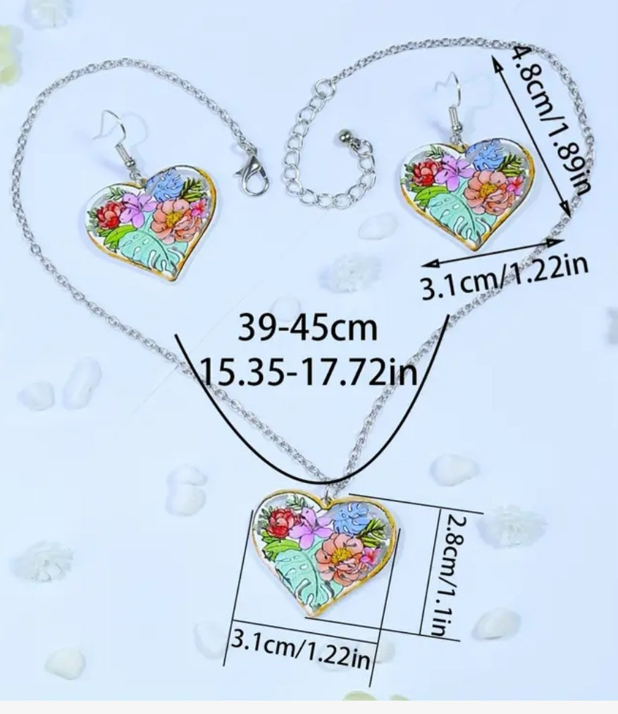 Floral Leaves Heart Shaoed Wooden Pendant On Chain And Earring Set