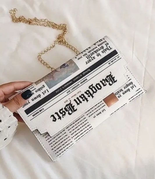 Fun Newspaper Design PU Vegan Leather Hold Plated Chain Novelty Lightweight Purse Hand Bag