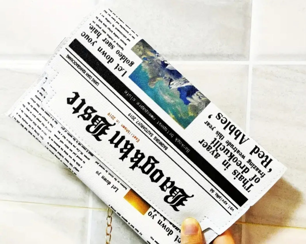 Fun Newspaper Design PU Vegan Leather Hold Plated Chain Novelty Lightweight Purse Hand Bag