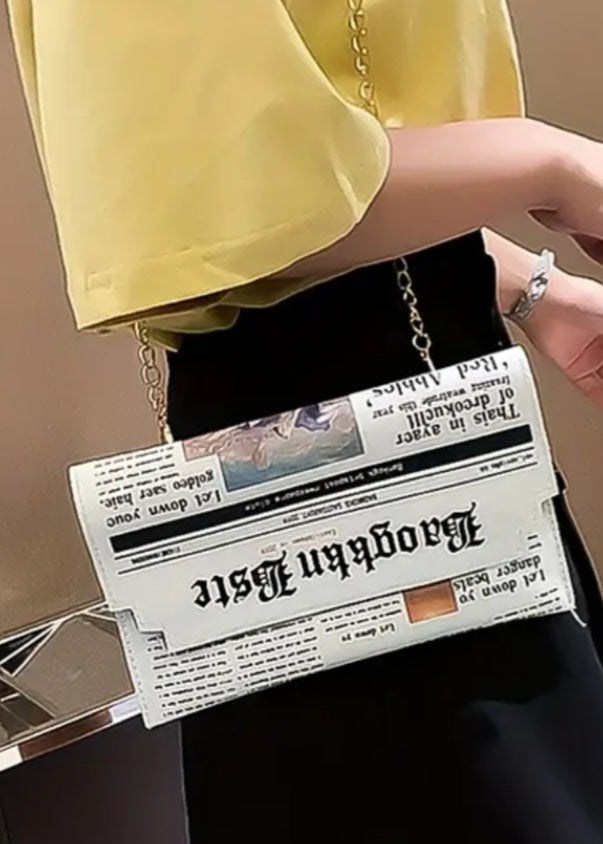 Fun Newspaper Design PU Vegan Leather Hold Plated Chain Novelty Lightweight Purse Hand Bag