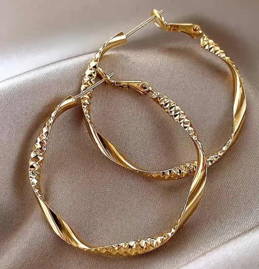 Large Hammered Metal Twist Design Gold Plated Lightweight Hoop Earrings