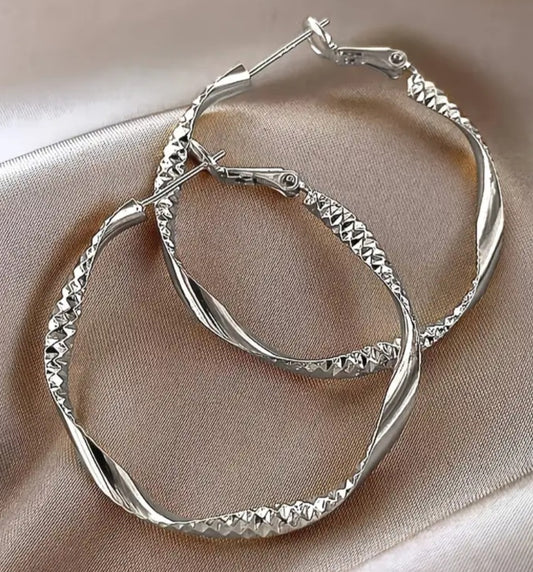 Large Hammered Metal Twist Design Silver Plated Lightweight Hoop Earrings