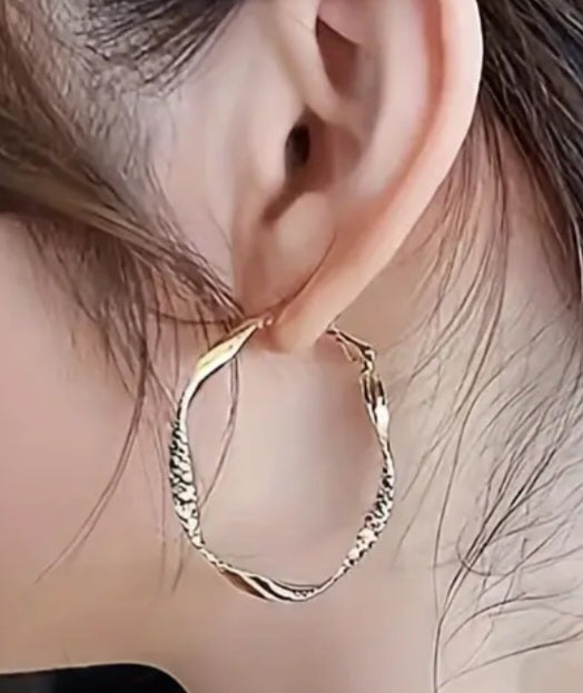 Large Hammered Metal Twist Design Gold Plated Lightweight Hoop Earrings