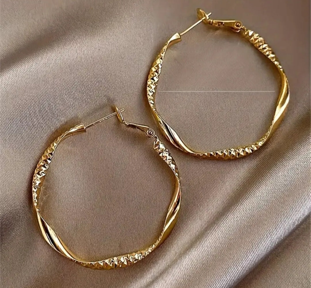 Large Hammered Metal Twist Design Gold Plated Lightweight Hoop Earrings