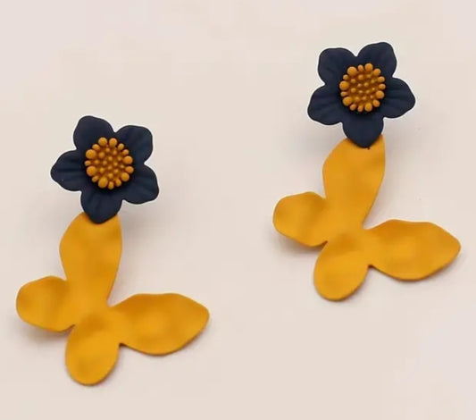 Black Yellow Flower With Butterfly Drop Enamel Painted Metal Dangle Earrings