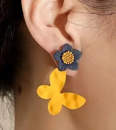 Black Yellow Flower With Butterfly Drop Enamel Painted Metal Dangle Earrings