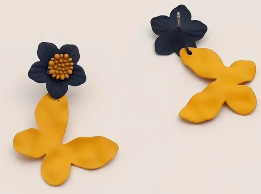 Black Yellow Flower With Butterfly Drop Enamel Painted Metal Dangle Earrings