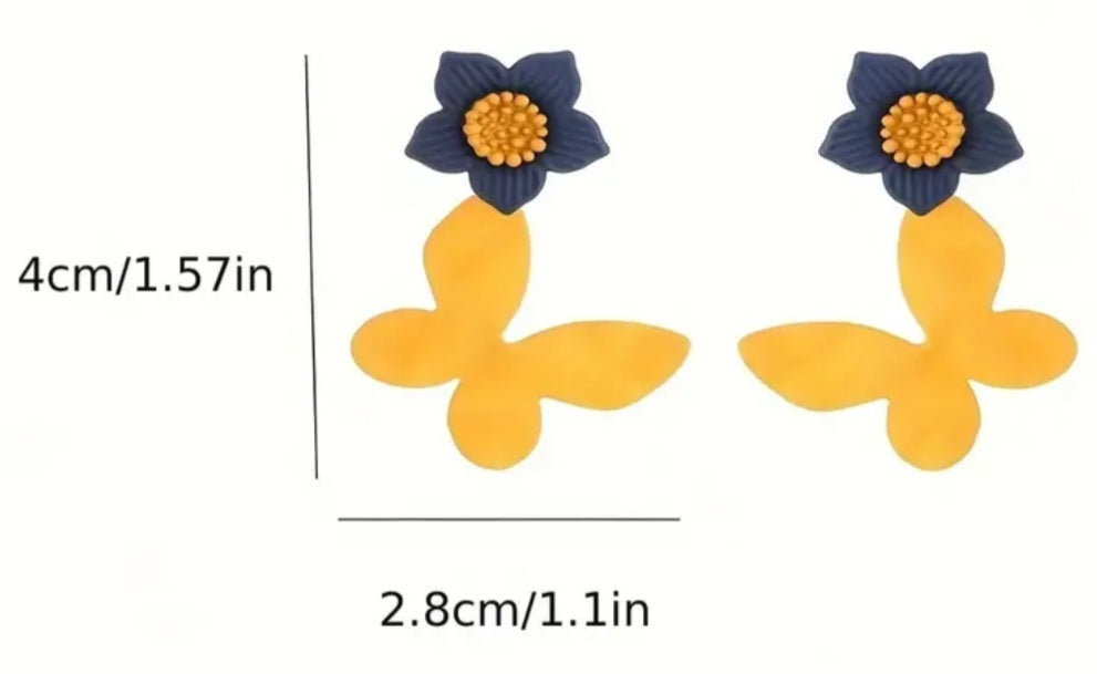 Black Yellow Flower With Butterfly Drop Enamel Painted Metal Dangle Earrings