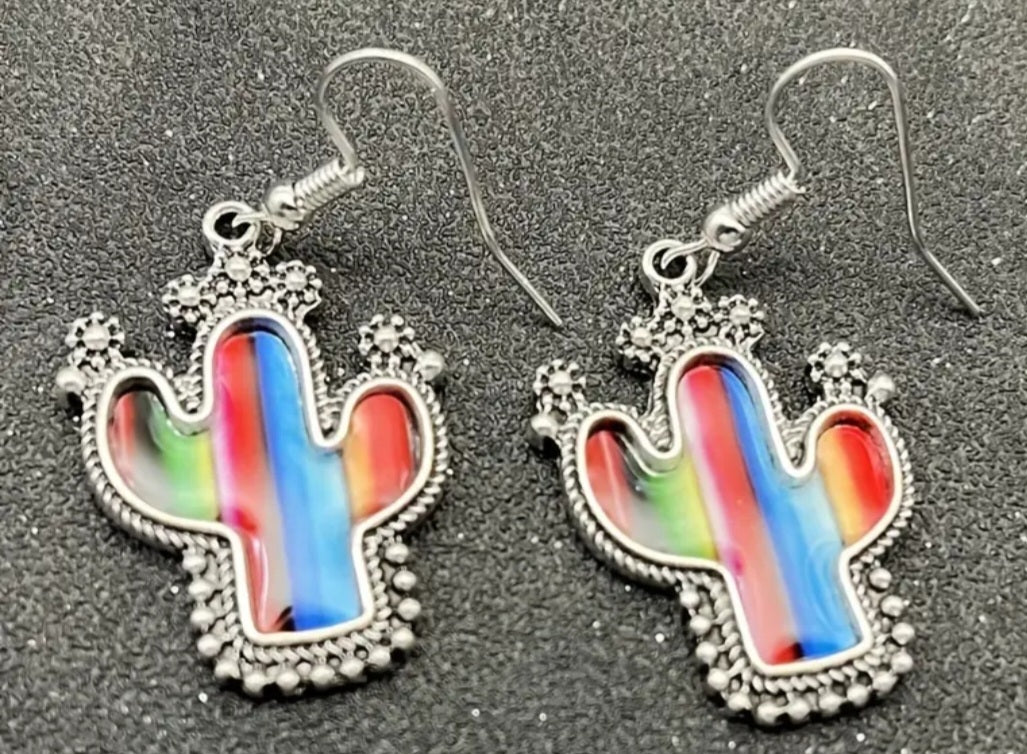 Colourful Cactus Stripes Design Silver Plated Drop Dangle Earrings