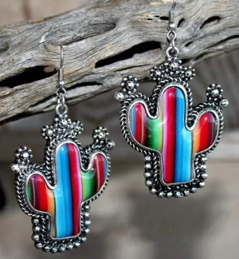 Colourful Cactus Stripes Design Silver Plated Drop Dangle Earrings