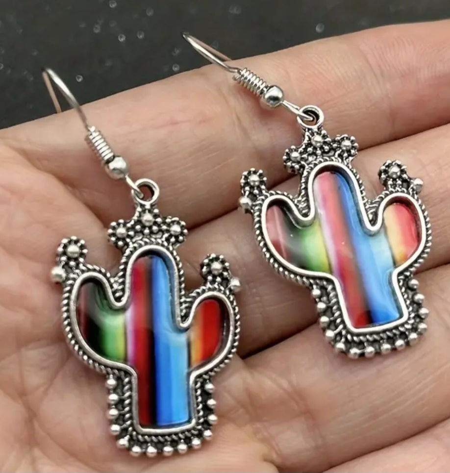 Colourful Cactus Stripes Design Silver Plated Drop Dangle Earrings