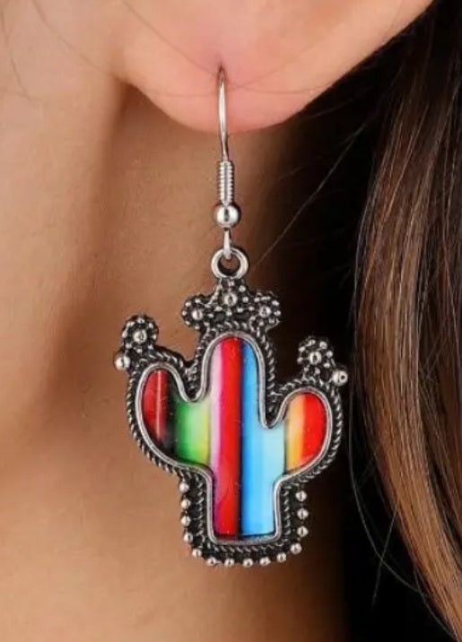 Colourful Cactus Stripes Design Silver Plated Drop Dangle Earrings