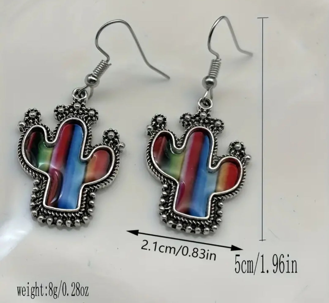 Colourful Cactus Stripes Design Silver Plated Drop Dangle Earrings