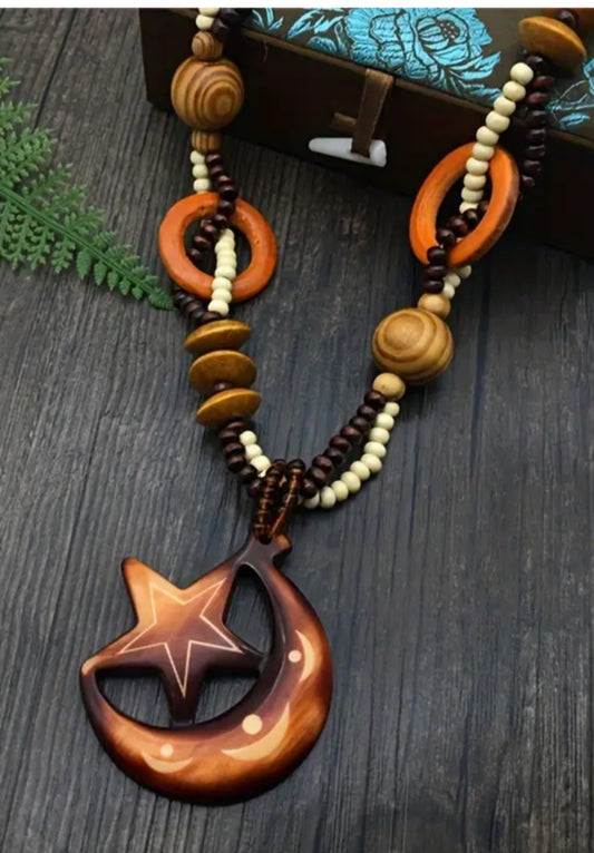 Boho Earthy Wooden Beads And Resin Moon Star Design Long Necklace