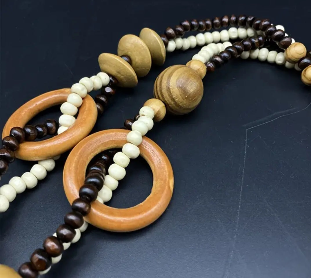 Boho Earthy Wooden Beads And Resin Moon Star Design Long Necklace